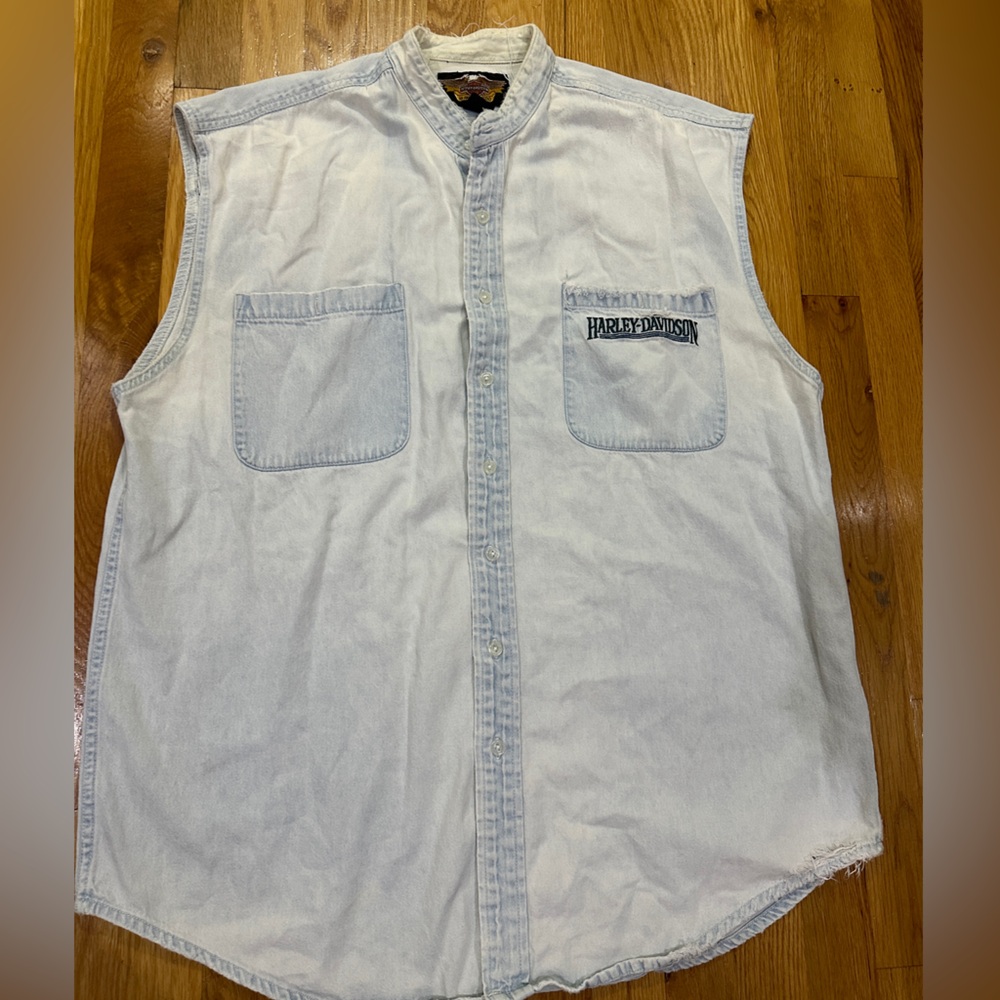 Vintage Biker Blues Harley Davidson bleached denim button down shirt